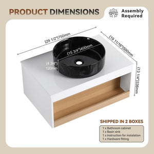 English Elm 30" Floating Wall Mount Bathroom Vanity Open Shelf Ceramic Vessel Sink Modern White White + Light Oak,White+Black W3450S00060