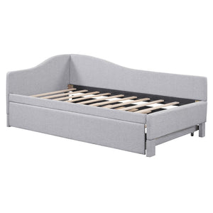 English Elm Twin L-shaped Linen Upholstered Daybed with Hydraulic Pop-up Trundle for Guest Rooms Gray SF000193AAE-1
