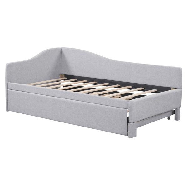 English Elm Twin L-shaped Linen Upholstered Daybed with Hydraulic Pop-up Trundle for Guest Rooms Gray SF000193AAE-1