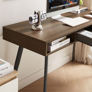 English Elm Mid Century Desk with USB Ports and Power Outlet, Spacious Mid-Century Writing Desk with Drawers for Home Office Comfort and Style Walnut W876P278785