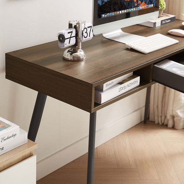 English Elm Mid Century Desk with USB Ports and Power Outlet, Spacious Mid-Century Writing Desk with Drawers for Home Office Comfort and Style Walnut W876P278785