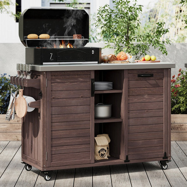 English Elm K&k Outdoor Rolling Kitchen Island Fir Wood Stainless Steel Top with Foldable Prep Station Dark Brown N707P370276Z