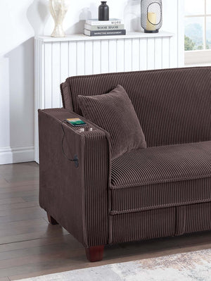 English Elm 1pc Corduroy Convertible Sofa with Storage Base Usb Port Cup Holders Wood Legs Chocolate B011P430417
