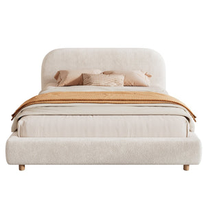 English Elm Queen Boucle Upholstered Bed Curved Foam Padded Headboard Solid Wood Legs Modern N757Q210312W-1