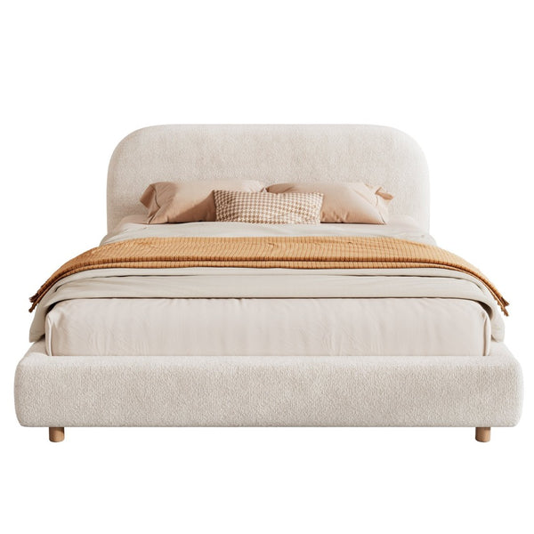 English Elm Queen Boucle Upholstered Bed Curved Foam Padded Headboard Solid Wood Legs Modern N757Q210312W-1