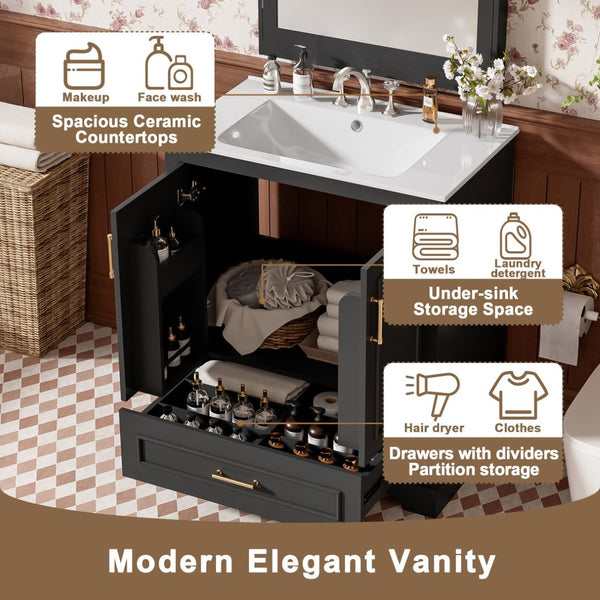 English Elm 30" Freestanding Bathroom Vanity Matte Black Solid Wood Ceramic Sink Soft Close N729P321376B