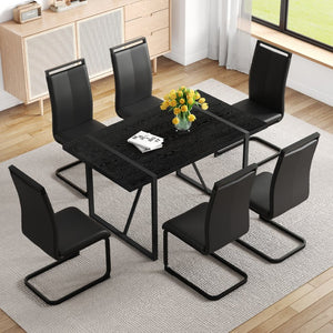 English Elm Black Faux Wood Grain Mdf Rectangular Dining Set with Six Arched Leg Pu Chairs W1151S04365