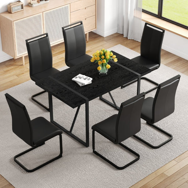 English Elm Black Faux Wood Grain Mdf Rectangular Dining Set with Six Arched Leg Pu Chairs W1151S04365