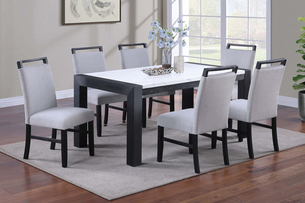 English Elm Modern Dining Table and 6 Side Chairs with Faux Marble Top, Sturdy Thick Legs, Sleek Contemporary Style Charcoal,White 42 L x 62 W x 7 H B011S01873