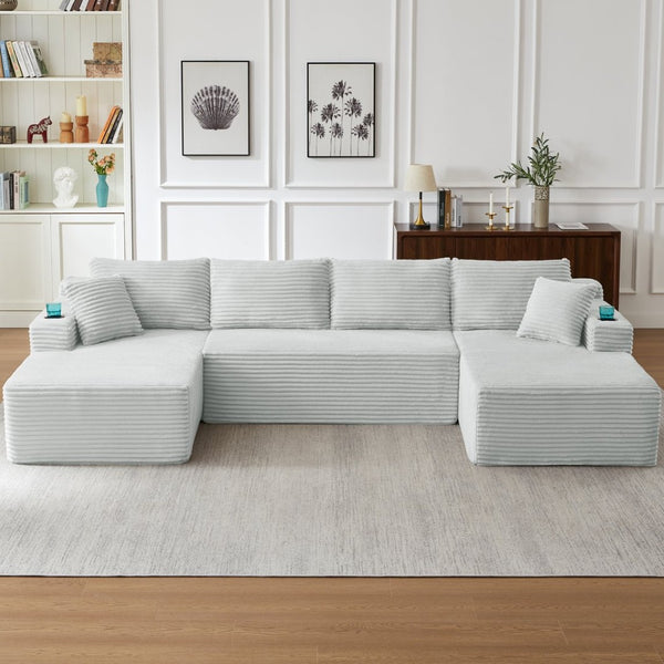 English Elm Compressible Modular U-shaped Sectional Corduroy Cloud Sofa for Spacious Living Rooms Light Grey W2339S00146