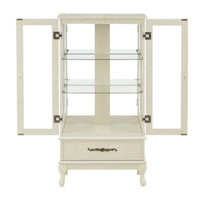 English Elm Curio Lighted Glass Display Cabinet with Adjustable Shelves, Vintage Drawer & Carved Metal Handle, Dark Finish Antique White W2275P199815