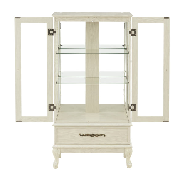 English Elm Curio Lighted Glass Display Cabinet with Adjustable Shelves, Vintage Drawer & Carved Metal Handle, Dark Finish Antique White W2275P199815