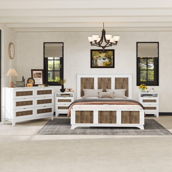 English Elm 4-Pieces Queen Platform Bed Set with Storage Nightstands & Dresser, Wooden Strip Accent, Modern Farmhouse Elegance White 52.17 L x 18.5 W x 11.81 H HL000191AAK