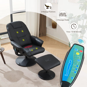 English Elm 011-Massage Recliner Chair with Ottoman, 360° Swivel PU Leather, 5-Point Vibration Massage, Heated Seat, 140° Backrest Comfort Black W2636P262429