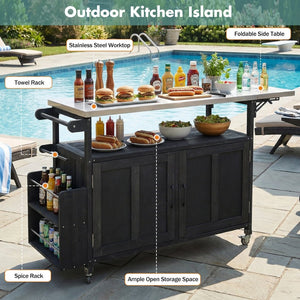 English Elm Foldable Outdoor Kitchen Cart with Stainless Worktop Fir Wood Frame and Lockable Wheels Black N719P380279B