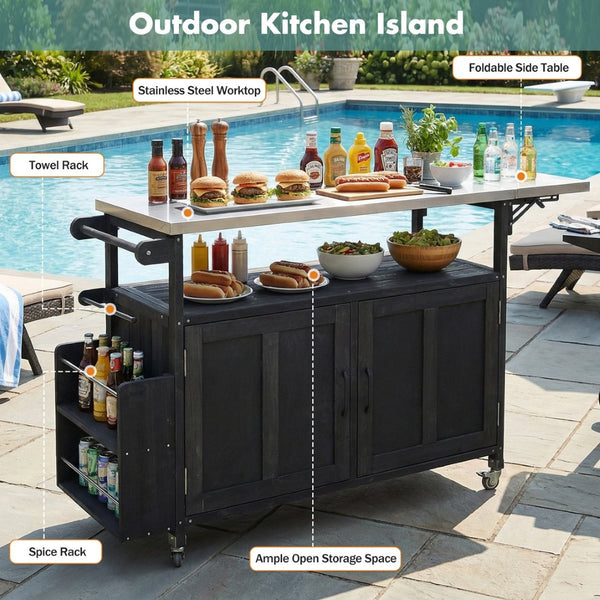 English Elm Foldable Outdoor Kitchen Cart with Stainless Worktop Fir Wood Frame and Lockable Wheels Black N719P380279B