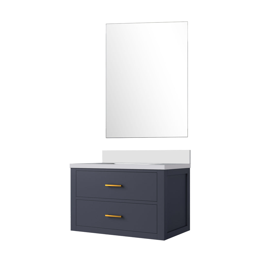 English Elm Blue Single Sink Vanity Set With Cultured Marble Top & Frameless Mirror – Perfect For Small Spaces! B2731S01427