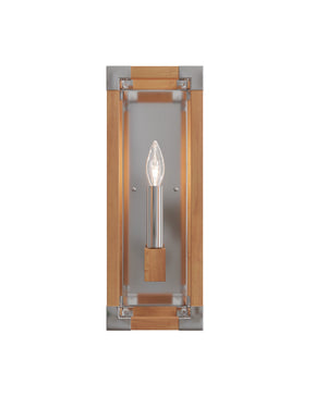 Currey & Company Boyd Teak Wood Bath Wall Sconce with Polished Nickel Hardware for Spa Vanity 5800-0075