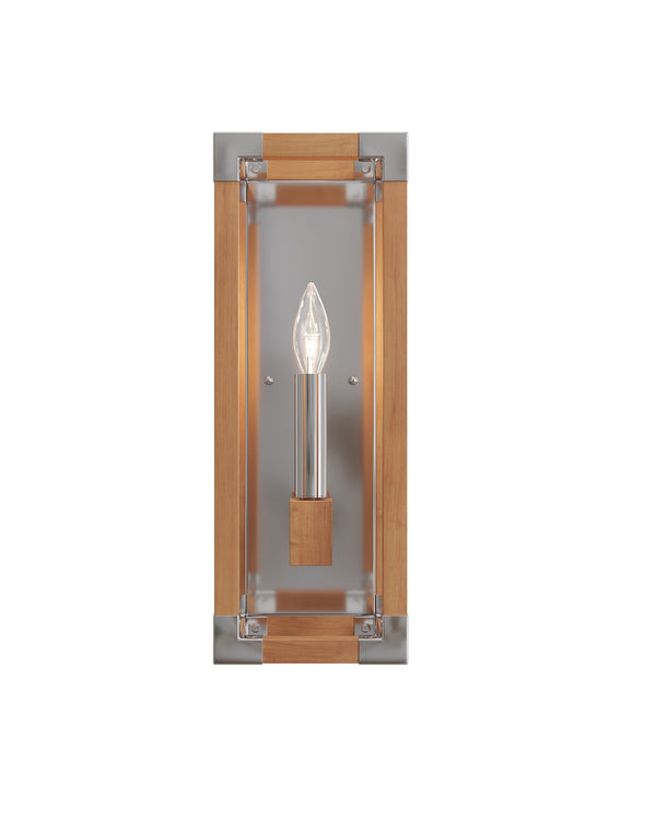 Currey & Company Boyd Teak Wood Bath Wall Sconce with Polished Nickel Hardware for Spa Vanity 5800-0075