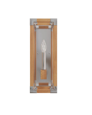 Currey & Company Boyd Teak Wood Bath Wall Sconce with Polished Nickel Hardware for Spa Vanity 5800-0075