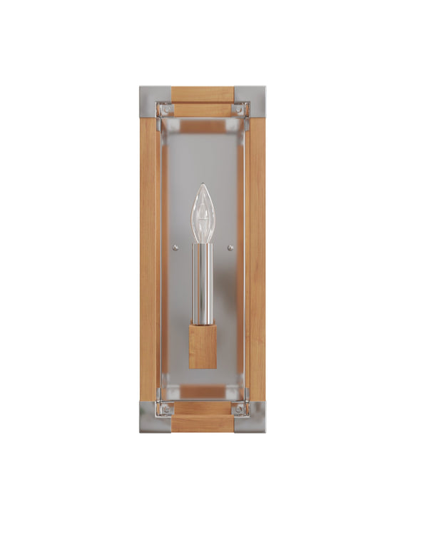 Currey & Company Boyd Teak Wood Bath Wall Sconce with Polished Nickel Hardware for Spa Vanity 5800-0075