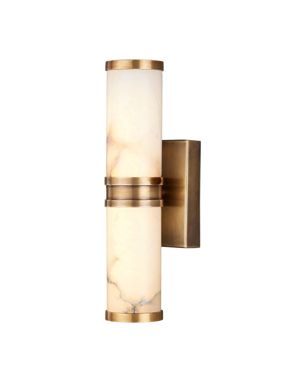 Currey & Company Brenham Alabaster and Cast Brass Wall Sconce with Sculptural Dual Tube LED Design Natural / Vintage Brass Small 5800-0076