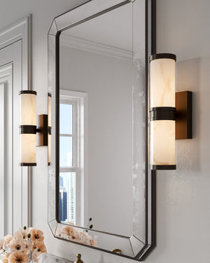 Currey & Company Brenham Alabaster and Cast Brass Wall Sconce with Sculptural Dual Tube LED Design Natural / Oil Rubbed Bronze Small 5800-0078