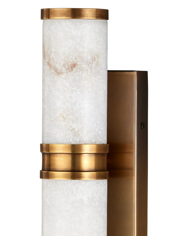 Currey & Company Brenham Alabaster and Cast Brass Wall Sconce with Sculptural Dual Tube LED Design Natural / Vintage Brass Large 5800-0079