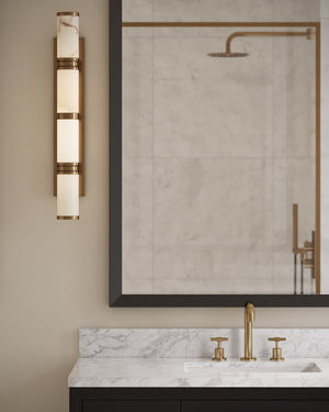 Currey & Company Brenham Alabaster and Cast Brass Wall Sconce with Sculptural Dual Tube LED Design Natural / Vintage Brass Large 5800-0079
