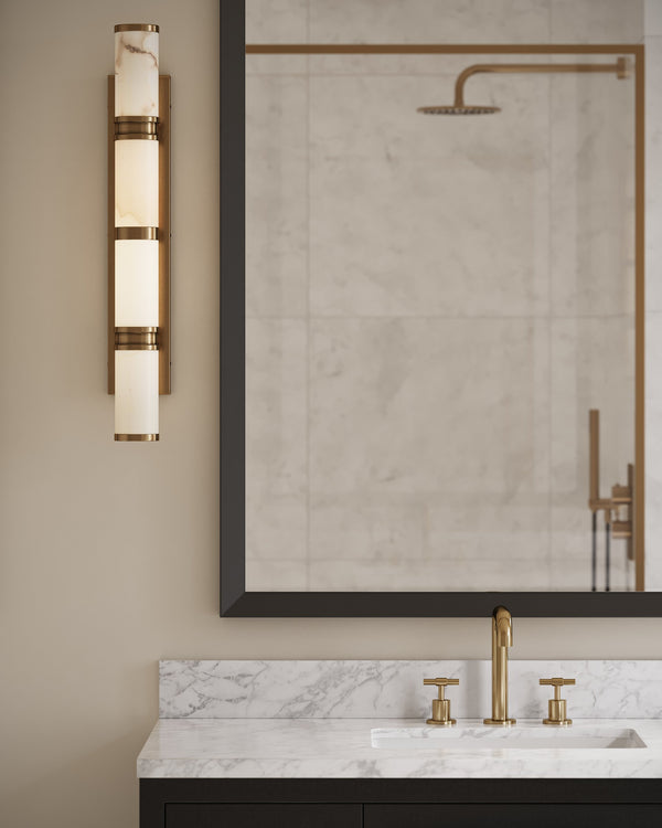 Currey & Company Brenham Alabaster and Cast Brass Wall Sconce with Sculptural Dual Tube LED Design Natural / Vintage Brass Large 5800-0079