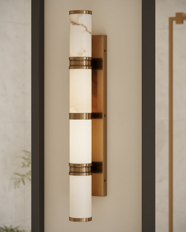 Currey & Company Brenham Alabaster and Cast Brass Wall Sconce with Sculptural Dual Tube LED Design Natural / Vintage Brass Large 5800-0079