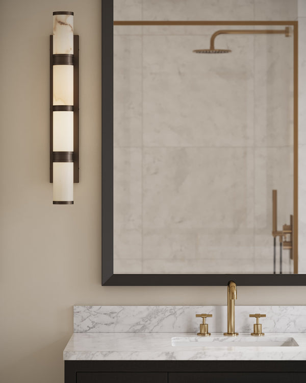 Currey & Company Brenham Alabaster and Cast Brass Wall Sconce with Sculptural Dual Tube LED Design Natural / Oil Rubbed Bronze Large 5800-0081