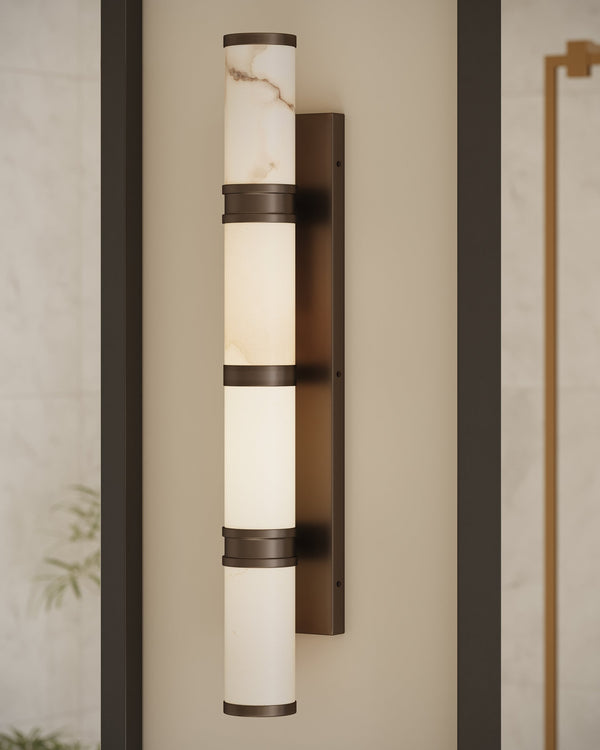 Currey & Company Brenham Alabaster and Cast Brass Wall Sconce with Sculptural Dual Tube LED Design Natural / Oil Rubbed Bronze Large 5800-0081