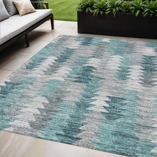 HomeRoots 5' Versatile Dark Blue Aqua Gray Geometric Area Rug for Indoor Outdoor High-Traffic Spaces 5' X 8' 580000