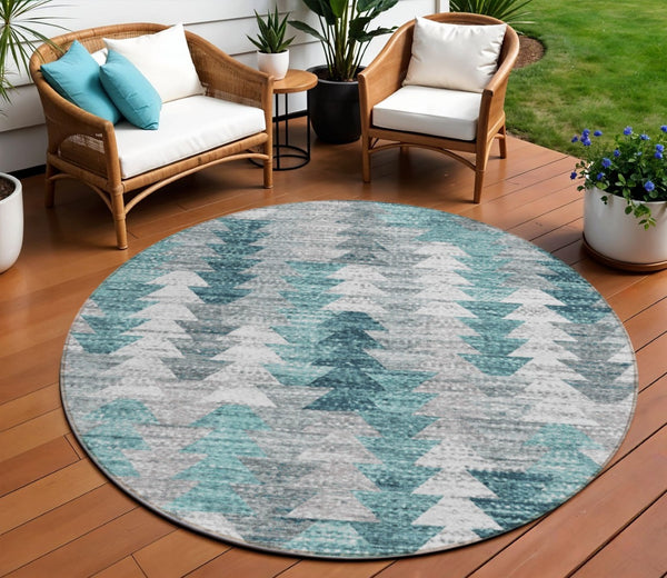 HomeRoots 5' Versatile Dark Blue Aqua Gray Geometric Area Rug for Indoor Outdoor High-Traffic Spaces 8' Round 580001