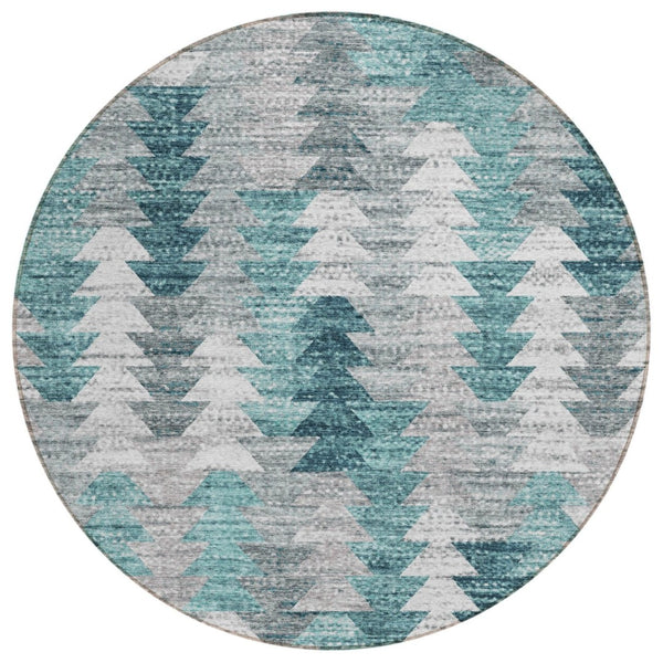 HomeRoots 5' Versatile Dark Blue Aqua Gray Geometric Area Rug for Indoor Outdoor High-Traffic Spaces 8' Round 580001