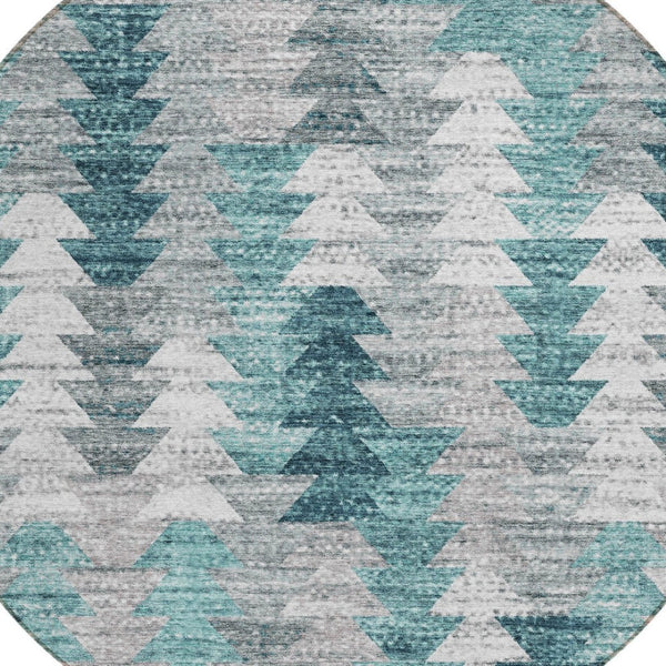 HomeRoots 5' Versatile Dark Blue Aqua Gray Geometric Area Rug for Indoor Outdoor High-Traffic Spaces 8' Round 580001