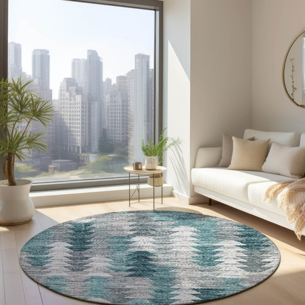 HomeRoots 5' Versatile Dark Blue Aqua Gray Geometric Area Rug for Indoor Outdoor High-Traffic Spaces 8' Round 580001
