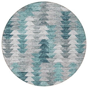 HomeRoots 5' Versatile Dark Blue Aqua Gray Geometric Area Rug for Indoor Outdoor High-Traffic Spaces 8' Round 580001