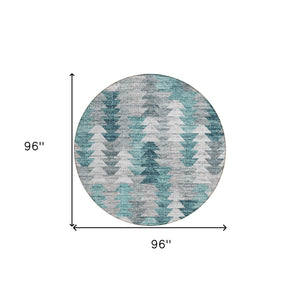 HomeRoots 5' Versatile Dark Blue Aqua Gray Geometric Area Rug for Indoor Outdoor High-Traffic Spaces 8' Round 580001