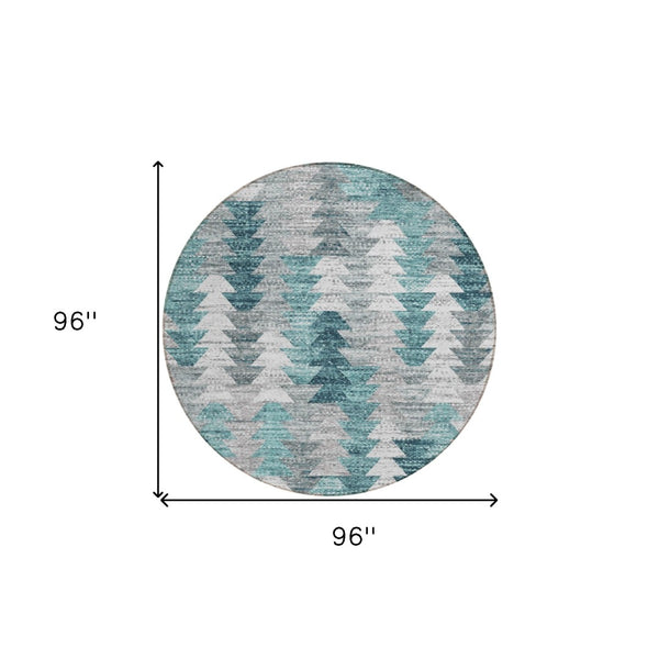 HomeRoots 5' Versatile Dark Blue Aqua Gray Geometric Area Rug for Indoor Outdoor High-Traffic Spaces 8' Round 580001