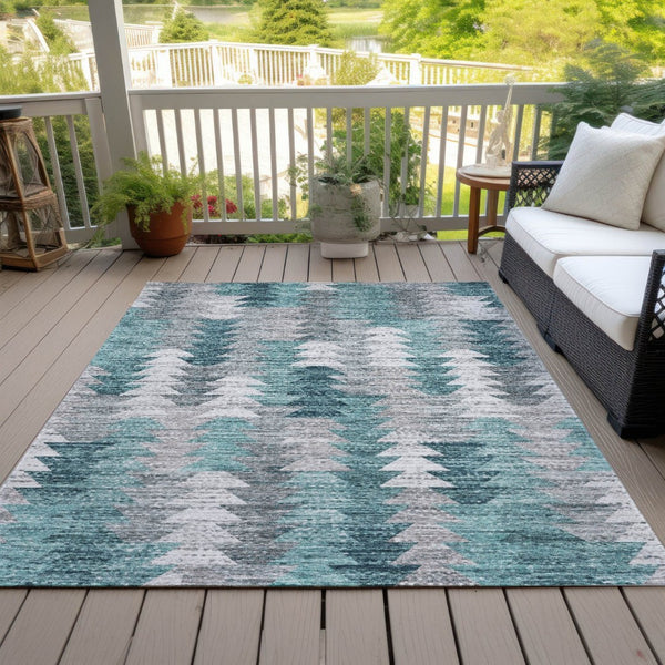 HomeRoots 9' Modern Geometric Indoor Outdoor Area Rug in Dark Blue, Aqua & Gray – Durable, Washable & Stylish! 9' X 12' 580003