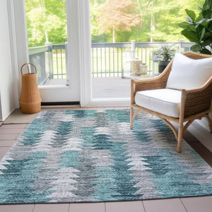 HomeRoots 9' Modern Geometric Indoor Outdoor Area Rug in Dark Blue, Aqua & Gray – Durable, Washable & Stylish! 9' X 12' 580003
