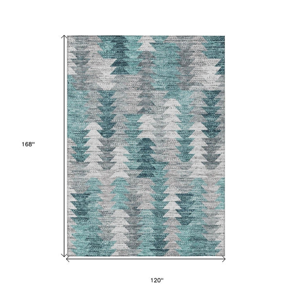 HomeRoots 5' Versatile Dark Blue Aqua Gray Geometric Area Rug for Indoor Outdoor High-Traffic Spaces 10' X 14' 580004