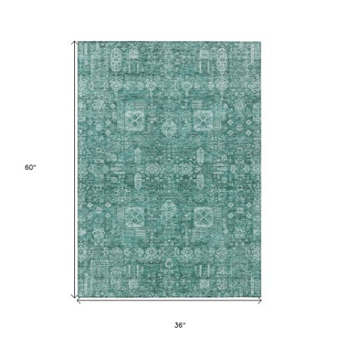Homeroots 3' Artichoke Green & Ivory Oriental Washable Area Rug - Durable Indoor/Outdoor Design For Every Space 3' X 5' Polyester 580011
