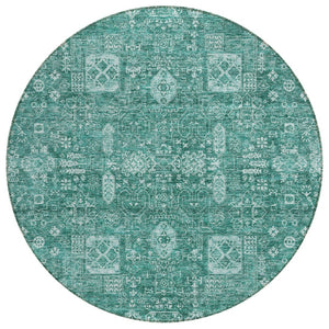 HomeRoots 5' Dark Green and Aqua Oriental Area Rug - Stylish, Washable, Durable Design for Indoor and Outdoor Use 8' Round 580013