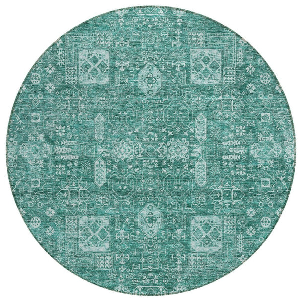 HomeRoots 5' Dark Green and Aqua Oriental Area Rug - Stylish, Washable, Durable Design for Indoor and Outdoor Use 8' Round 580013