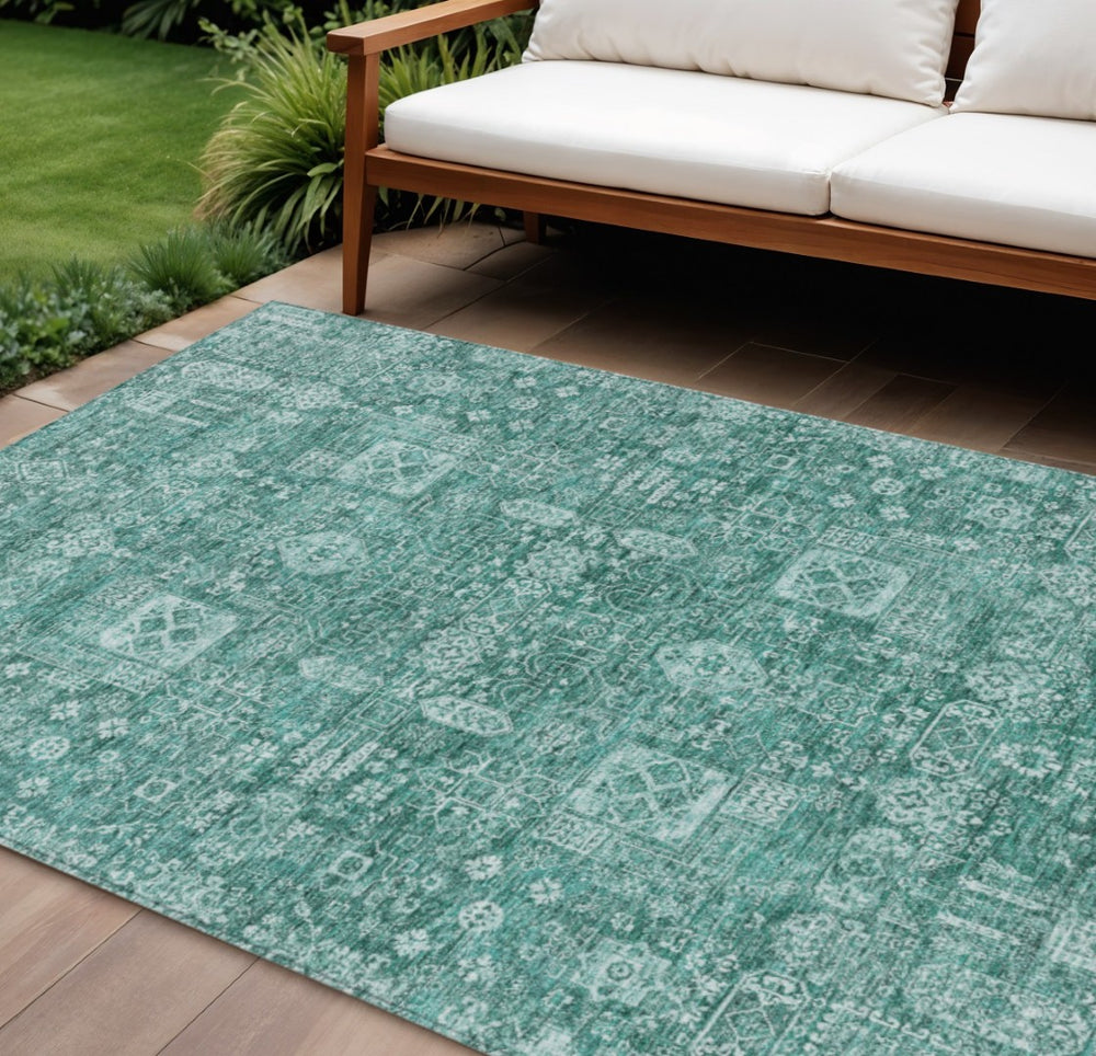HomeRoots 9' Elegant Dark Green and Aqua Oriental Washable Area Rug for Indoor and Outdoor Spaces 9' X 12' 580015