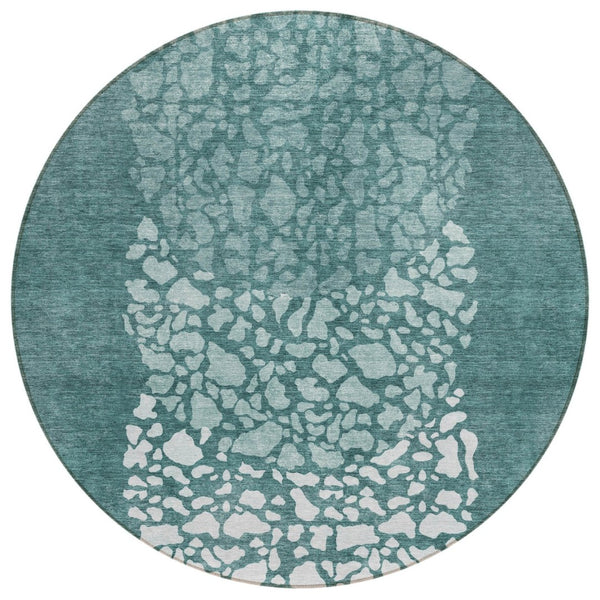 HomeRoots 5' Washable Indoor/Outdoor Area Rug with Dark Green, Aqua, and Ivory Abstract Design for Any Space 8' Round 580031