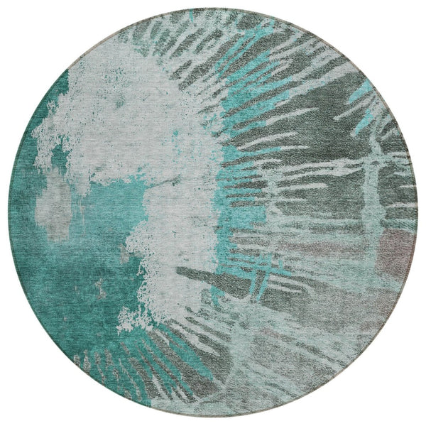 HomeRoots 5' Abstract Washable Indoor Outdoor Area Rug in Dark Green, Aqua & Gray - Durable, Stylish, Easy Care 8' Round 580037